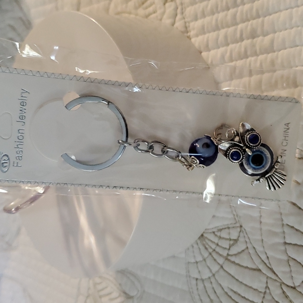 Owl Keychain in silvertone and blue